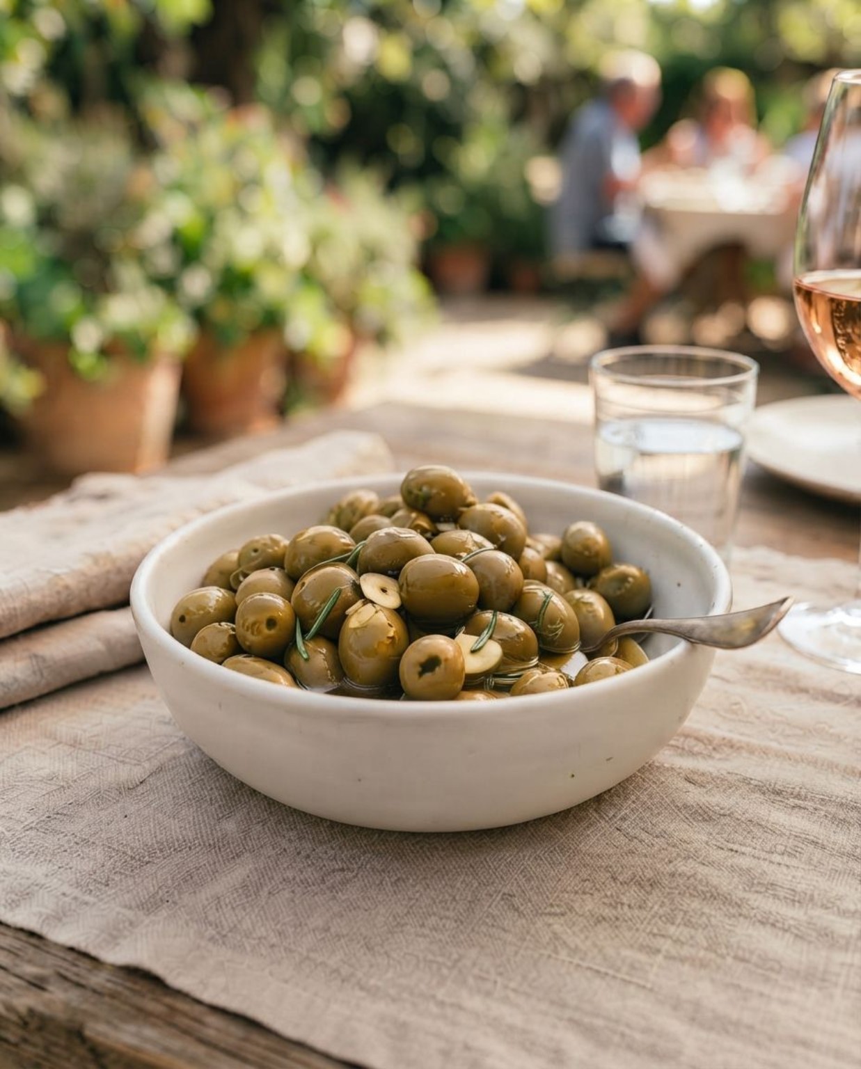 Aceitunas marinadas al jerez en un plato blanco