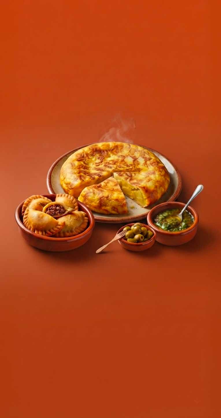 Imagen ilustrativa de empanadas, tortilla y aceitunas