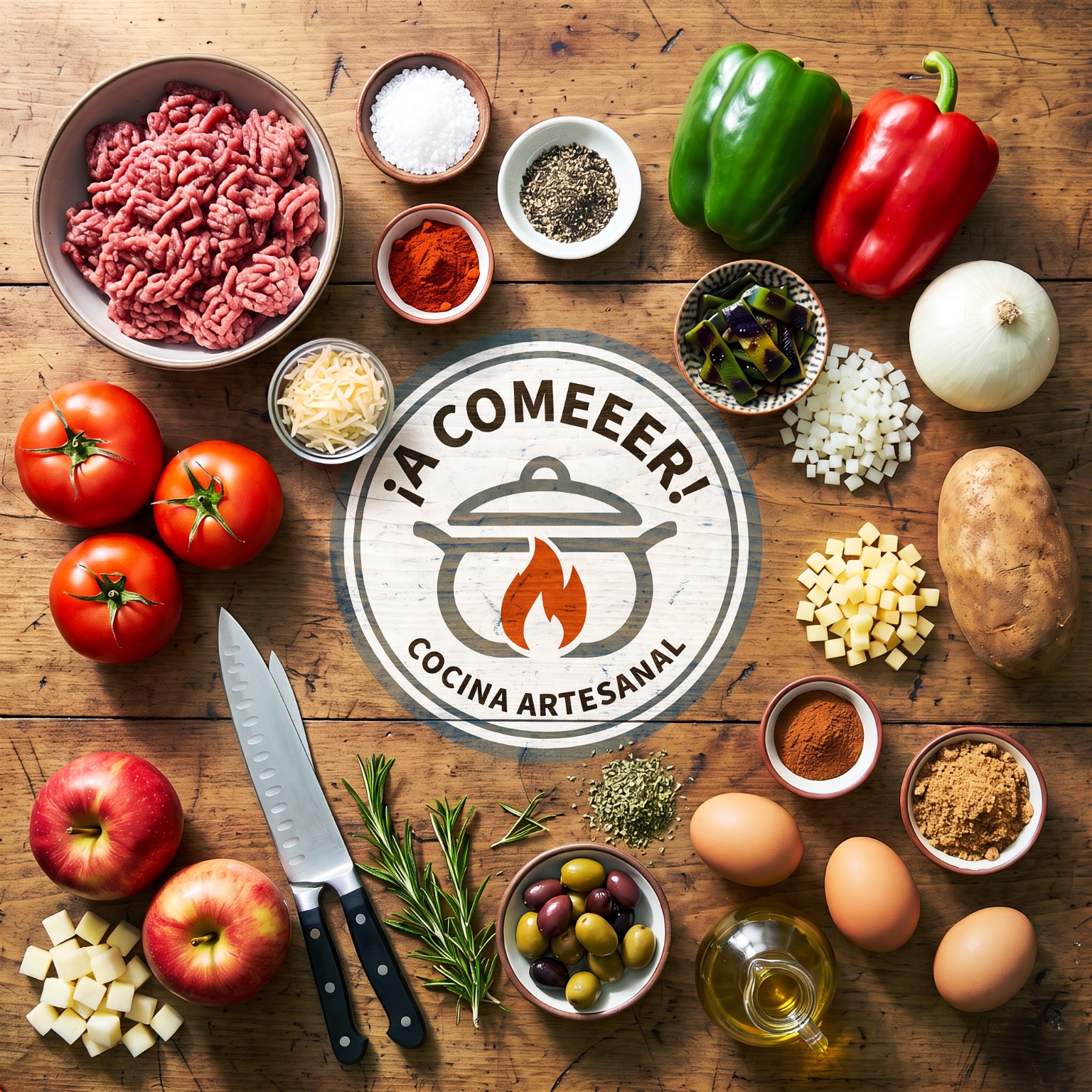 Ingredientes de cocina artesanal alrededor del logo de ¡A Comeeer!